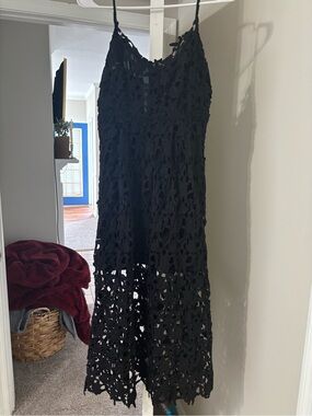 Women's Black Lace Overlay Midi Dress - Elegant Spaghetti Strap